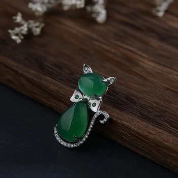 FNJ Zielony Chalcedon Kot Wisiorek Srebro 925 Oryginalny S925 Czyste Srebro Wisiorki Biżuteria Dla Kobiet