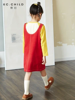 KC.Child/ 2020 Jesienny kombinezon na szelkach dla dziewczyn, denim sukienka, czerwony kombinezon dla niemowląt, przyjemny do ciała miękkie Demin w stylu retro, w wieku od 2 do 10 lat