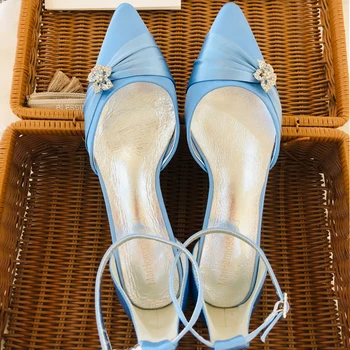Kobiety Kryształ Satynowe Baletki Pointy Buty Ślubne Pasek Kostki Dni Robocze Sandały Eleganckie Baleriny Niebieski