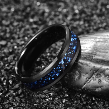 BONLAVIE 8 mm Czarne Polerowane Инкрустированное Niebieskie włókna węglowego Włókna Czarne Zębate Pierścień z Obwódką ze Stali Wolframu Mężczyzna Pierścionek Rozmiar 7-12 3