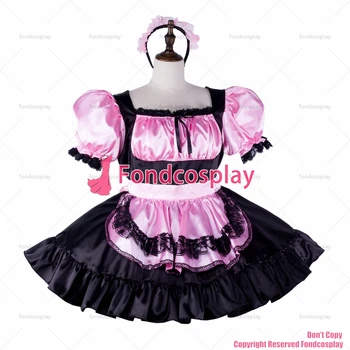 Fondcosplay dla dorosłych sexy przebrania sissy maid krótkie różowe czarna satynowa sukienka zamykana fartuch Mundur, garnitur CD/TV[G2330]