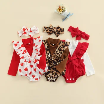 Zestaw Christmas Ubrania dla niemowląt, 3 przedmiotu, Sweter w blizny dla małych dziewczynek + Jednolity Body z leopard Print i Miłością + Opaska na głowę z kokardą, Stroje 2