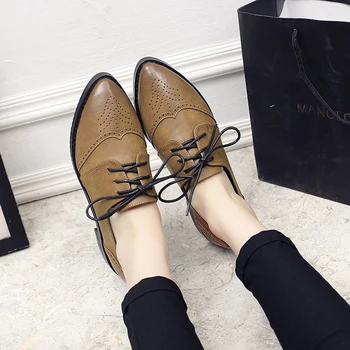 2020 r. Nowe damskie buty-Оксфорды w stylu brytyjskim sznurowane z Gwintem do drewna, bez zapięcia z ostrym czubkiem, Pnącza, Zadbane skórzane buty w stylu derby damskie buty na płaskiej podeszwie