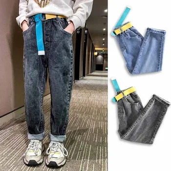 Dżinsy dla dziewczynki, Nowe wiosenno-jesienne dla dzieci Dorywczo Temat Bezpośrednie miękkie, jeansowe Spodnie dla małych dzieci, jeansowe spodnie z paskiem od 5 do 16 lat 0