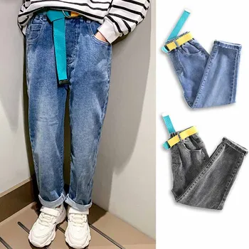 Dżinsy dla dziewczynki, Nowe wiosenno-jesienne dla dzieci Dorywczo Temat Bezpośrednie miękkie, jeansowe Spodnie dla małych dzieci, jeansowe spodnie z paskiem od 5 do 16 lat 5