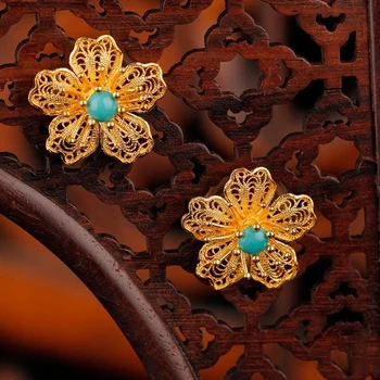 Oryginalne markowe filigranowe Turkusowe Kolczyki w chińskim stylu retro niepowtarzalny urok luksusowe damskie markowe srebro biżuteria