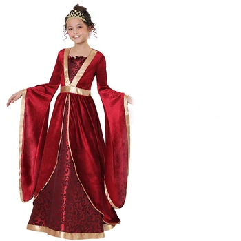 Dziewczyna Halloween Strój Dziewczyna Maxi Sukienka Średniowieczny Czerwony Aksamit Kostium Księżniczki Renesans Cosplay Odzież Dziecięca Fantasy