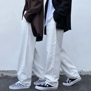Trendy japońskie koreańskie stylowe vintage выстиранные białe dżinsy, luźne spodnie z prostymi nogawkami, męskie i damskie spodnie dla piosenkarki, meble ubrania do biegania