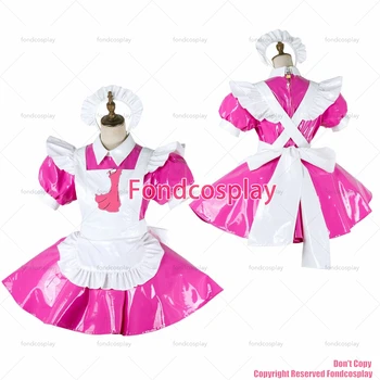 Fondcosplay dla dorosłych sexy przebrania sissy maid запирающееся jasno-różowe subtelna sukienka z PVC vinyl mundury biały fartuch CD/TV[G2008]