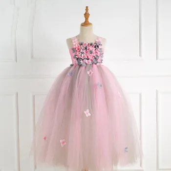Różowe Sukienki Księżniczki, Dziecięcy Strój Dla Dziewczyn, 2021 Letni dla Dzieci Sukienka Dla Dziewczynki, Garnitur z Kwiatowym Wzorem, Suknia Ślubna Dla Dziewczyn, Nowe