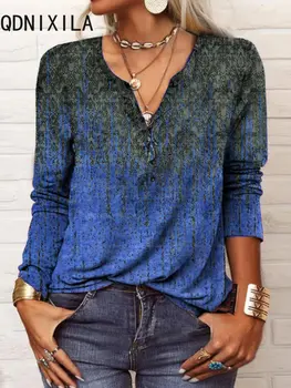 Wiosenno-letnia Nowa Elegancka damska koszulka z długim rękawem i nadrukiem w stylu etnicznym, Modne Dorywczo Luźny t-Shirt V-neck, Vintage Sweter, t-Shirt