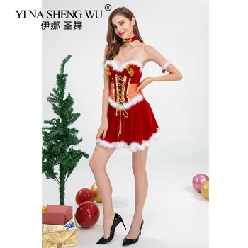 Czerwone Kartki Odzież Świąteczna Impreza Panna Święty Mikołaj Strój Cosplay Kostium Sexy Strój Sukienka Bez Rękawów dla Kobiet z Bransoletą