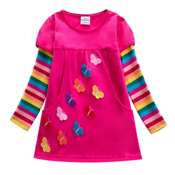 3-8 lat, sukienka z długimi rękawami i haftem motyle dla dziewczyn, wiosenno-jesienne Nowości, 2 kieszenie, Opalizujący rękawy