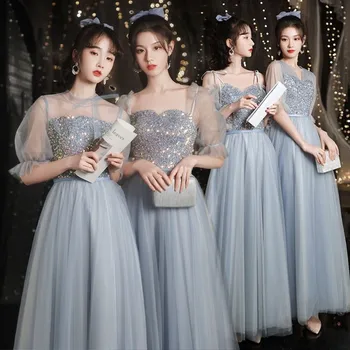 Kobieca Sukienka Maxi-Cheongsam w formie Trapezu z Długim Rękawem, Szaro-Błękitne Elegancka Sukienka Qipao, Nowość, Chiński Szlafrok