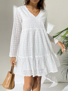 Krótka sukienka w stylu koszulki Toppies z długim rękawem, biała Sukienka z dekoltem V i Podłużnym, Sukienka z haftem, Odzież Uliczna 0