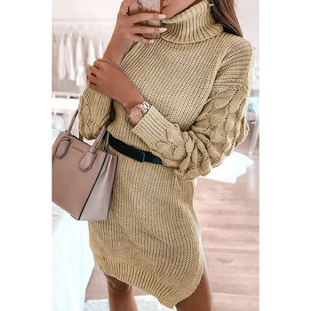 Codzienne Gęste Odzież Mini Sukienka Kolor Golf Długi Zimowy Sweter Sukienka Damska