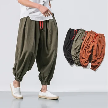 Codzienne Luźne Spodnie W Stylu Chińskim, Męskie Lniane Bawełniane Spodnie Autumu Harajuku, Jednokolorowe Spodnie Odzieży