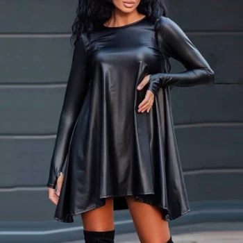Oshoplive Nowe Letnie Damskie Modne Czarne Oryginalne Miejskie Asymetryczne Mini sukienka z Imitacji Skóry z Długim Rękawem i wysokim Wejściem, Stałe Mini Sukienka ze Sztucznej Skóry dla Kobiet