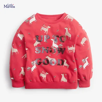Little Maven/ Nowe, jesienno-wiosenne dla Dzieci Bluzy z kapturem i długim rękawem dla dziewczynki z Czerwonego Polaru z wizerunkiem Łosia, z literami i cekiny, z długimi rękawami, od 2 do 7 lat, Bluzy z długim rękawem dla Dziewczynek, Swetry
