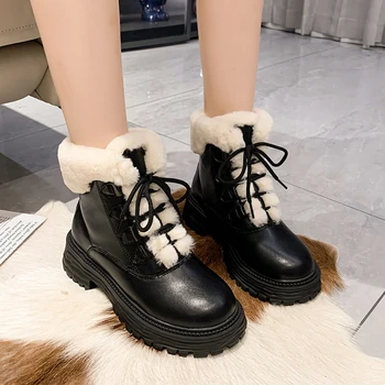 Nowe damskie buty na grubej podeszwie ze sznurowanie z przodu, modny trend w 2022 roku, Gładkie Ciepłe buty Zimowe, Damskie Wygodne buty, buty damskie