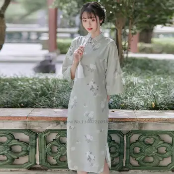 2022 chiński strój ципао, kobiecy vintage krajowy sukienka ципао z kwiatowym nadrukiem, elegancki strój do tańców ludowych, wschodnie ципао z szerokimi rękawami