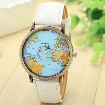 Fajne Mini-Mody Zegarek Kwarcowy Zegarek Dla Mężczyzn, Unisex, Mapa, Samolot, Podróże Po Całym Świecie, Damskie Skórzane Zegarek D30