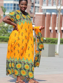 2019 Nowe Modne Żółte Kolorowy Strój Bawełny Sukienka w stylu Afrykańskim дашики Z Nadrukiem