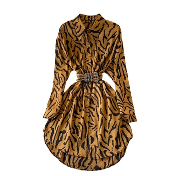 2021 Nowa Wiosenno-Jesienna sukienka Vintage z wykładanym kołnierzem i długim rękawem z leopard print, однобортное sukienka kształt trapezowy sznurowane z wysokim stanem