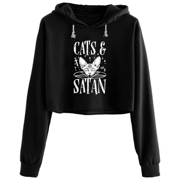 Koty i Szatan Sataniści Pomysł Krótkie Bluzy Damskie Y2k Kawaii Gotycki Grunge Sweterek Dla Dziewczynki