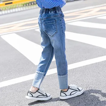 Wąskie dżinsy w stylu patchwork w koreańskim stylu dla dziewczyn, dla dzieci Elastyczne Uniwersalne Spodnie jeansowe, Ubrania dla dziewczynek, 8, 10, 12, 13, 14 lat