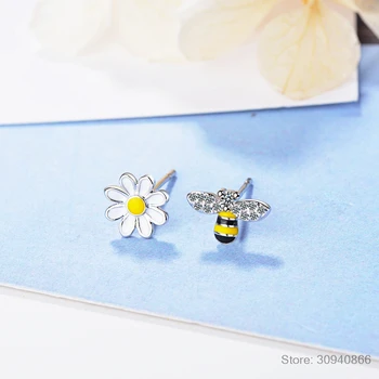Nowa Moda Kreatywne Słodki Kwiat Pszczoła Stokrotka Asymetryczne Biżuteria Ze Srebra próby 925 Piękne Kolczyki Z Diamentami SE963