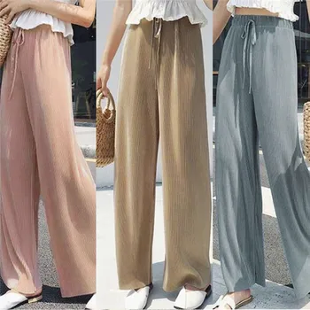 Letnie Spodnie Dla Kobiet, Codzienne Elastyczne Spodnie Z Wysokim Stanem, 2020, Nowe Modne Luźne Długie Spodnie, Plisowane Spodnie, Spodnie Femme