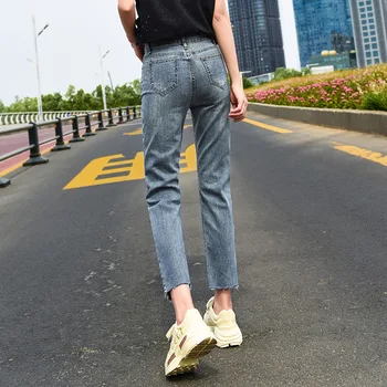 Xisteps 2020 Damskie Elastyczne Dżinsy Z Wysokim Stanem Szary Niebieski Eleganckie Dżinsy-Dzwony Jeansowe Spodnie Do Kostek Z Kieszeniami Casual Spodnie Slim Fit