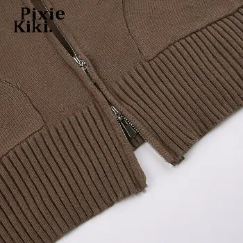 PixieKiki Brązowa Bluza z kapturem na zamek Y2k w stylu retro, z Dzianiny Skrócony Sweter z wieloma kieszeniami, Sweter, Odzież w stylu grunge, P67-EE40