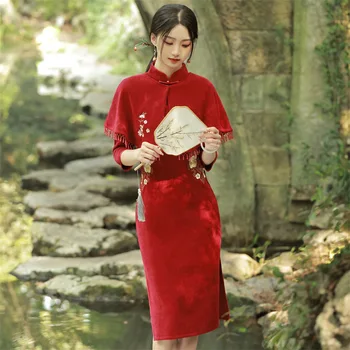Jesień i zima 2022 Nowy Pokrowiec Pokrowiec z Haftem Europejska Bawełny sukienka Cheongsam Zmodyfikowane sukienka Cheongsam dla Młodej dziewczyny 3XL