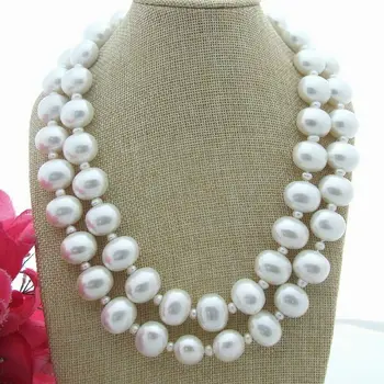 Ręcznie wiązane 2 nici białe słodkowodne perły i naszyjnik z muszelek, łańcuch dla sweter o długości 53-58 cm, moda biżuteria