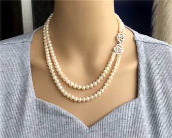 Naturalny 7-8 mm białe słodkowodne perły Handmade 43-48 cm podwójny naszyjnik Rzadkie biżuteria