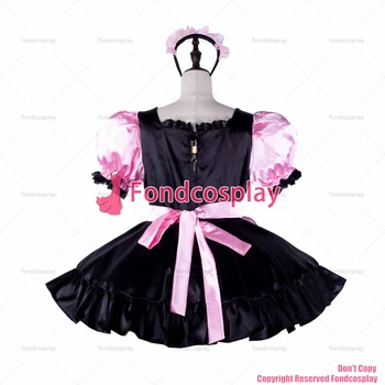 Fondcosplay dla dorosłych sexy przebrania sissy maid krótkie różowe czarna satynowa sukienka zamykana fartuch Mundur, garnitur CD/TV[G2330] 2