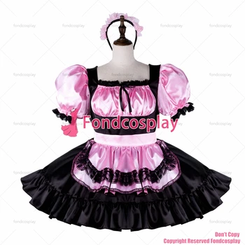 Fondcosplay dla dorosłych sexy przebrania sissy maid krótkie różowe czarna satynowa sukienka zamykana fartuch Mundur, garnitur CD/TV[G2330] 3