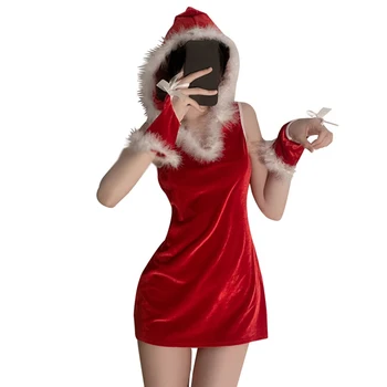 Kobiety Boże Narodzenie Santa Claus, Boże Narodzenie Cosplay Egzotyczny Kostium Sexy Erotyczny Aksamit Cienka Sukienka Z Kapturem Koszula Nocna