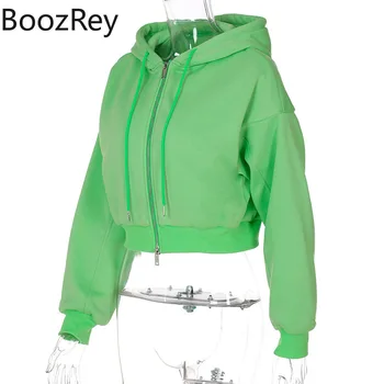 BoozRey Damska Bluza z długim rękawem w Kolorze Zielonym Z Niskimi Rękawem, Sweter na Zamek, Sweter z Kapturem, Jesienna Odzież dla Kobiet, Bluzy