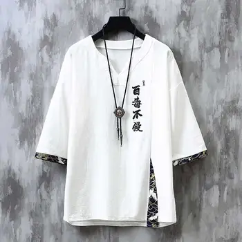 Vinbrandmn Męskie Bawełniane, lniane Koszule Chińska Tradycyjna odzież Męska Odzież Hanfu Tang Meble t-shirt z haftem Topy