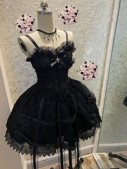 Gotycka Lolita Sukienka Koronkowa Bez Rękawów Czarna Róża Kwiat Sweter Spódnica