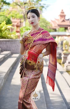 Tajlandia Wzór Tradycyjny Strój Kobiecy Garnitur Topy Długa Spódnica, Szal Scenie Występ Etniczny Styl Tajski Strój Daj