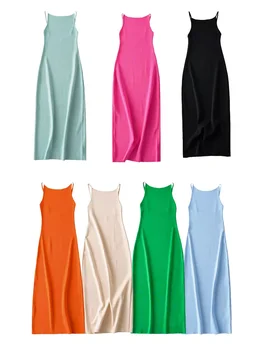 2022 Modna Bielizna jeden kolor Beżowy Czarna Sukienka-sweter z odkrytymi plecami, Bez Rękawów, z Okrągłym dekoltem, Kobieca Sukienka Midi AI73 1