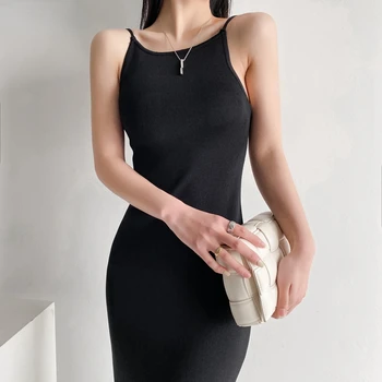 2022 Modna Bielizna jeden kolor Beżowy Czarna Sukienka-sweter z odkrytymi plecami, Bez Rękawów, z Okrągłym dekoltem, Kobieca Sukienka Midi AI73 4