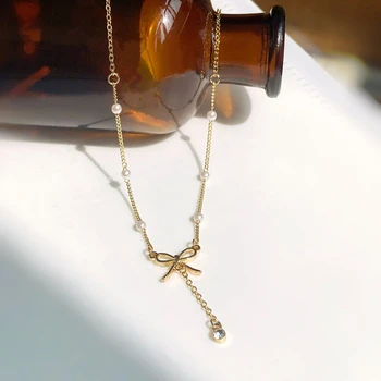 Naszyjnik z Perłowym Kokardą w języku japońskim i koreańskim stylu, Modny, Ładny Prosty Naszyjnik z metalu Tekstury