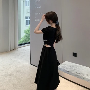 Eleganckie Codzienne Sukienki Damskie Dla Imprez 2021, Letnia Sukienka Vintage midi z Pełnymi Rękawami, Bielizna Projektowe Czarna Sukienka w Stylu Koreańskim, z okrągłym dekoltem, Gotycki