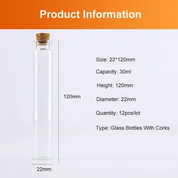 22x120 mm 30 ml Mała Szklana Butelka Do Przechowywania Z Naturalnego Korka Przezroczyste Komunikat Ślubne Biżuteria Szklana Butelka 12 szt.