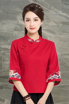 Koszula z bawełny i lnu z haftem w stylu retro w literackim stylu, chiński Skrócony Top na guziki, Wiosenno-letni Herbaciane sukienka w stylu chińskim